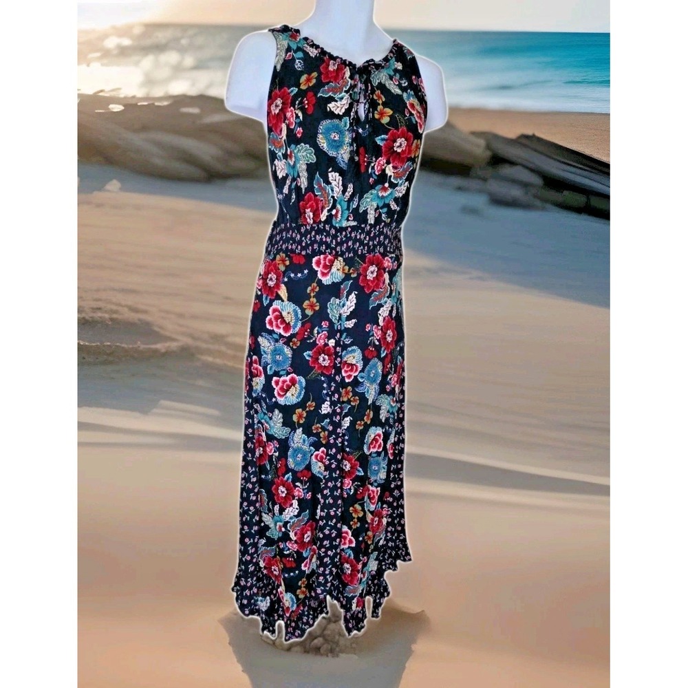 Bila Maxi Dress XXL Blue Floral Creped Fabric Handkerchief Hem Tasseled Tie Boho